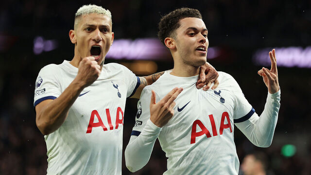 LONDON, ENGLAND - FEBRUARY 10: Brennan Johnson of Tottenham Hotspur celebrates scoring his team's second goal during the Premier League match between Tottenham Hotspur and Brighton & Hove Albion at Tottenham Hotspur Stadium on February 10, 2024 in London, England.
