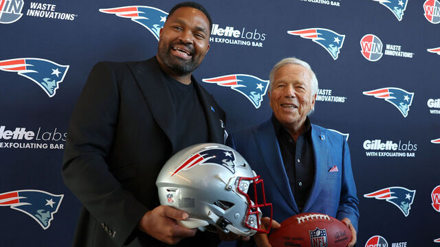 FOXBOROUGH, MASSACHUSETTS - JANUARY 17: (L-R) Newly appointed head coach Jerod Mayo and Owner Robert Kraft of the New England Patriots pose after a press conference at Gillette Stadium on January 17, 2024 in Foxborough, Massachusetts.
