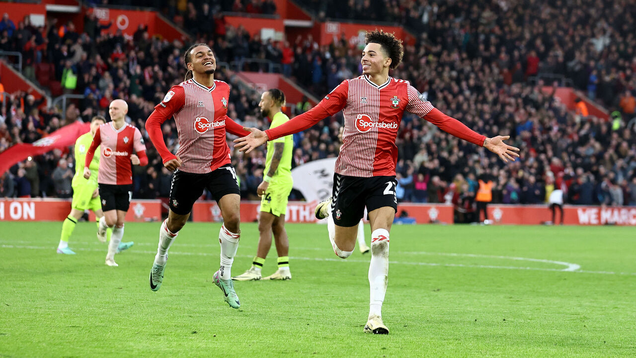 SOUTHAMPTON, ENGLAND - FEBRUARY 10: Samuel Edozie of Southampton celebrates after scoring his team's fifth goal during the Sky Bet Championship match between Southampton FC and Huddersfield Town at St. Mary's Stadium on February 10, 2024 in Southampton, England.