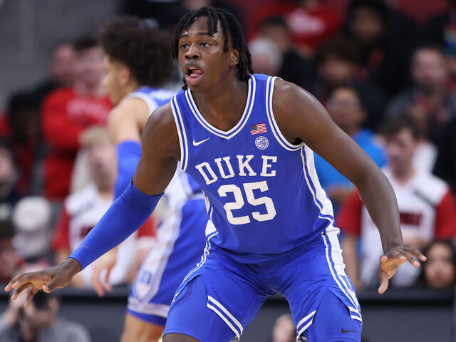 LOUISVILLE, KENTUCKY - JANUARY 23: Mark Mitchell #25 of the Duke Blue Devils against the Louisville Cardinals at KFC YUM! Center on January 23, 2024 in Louisville, Kentucky.