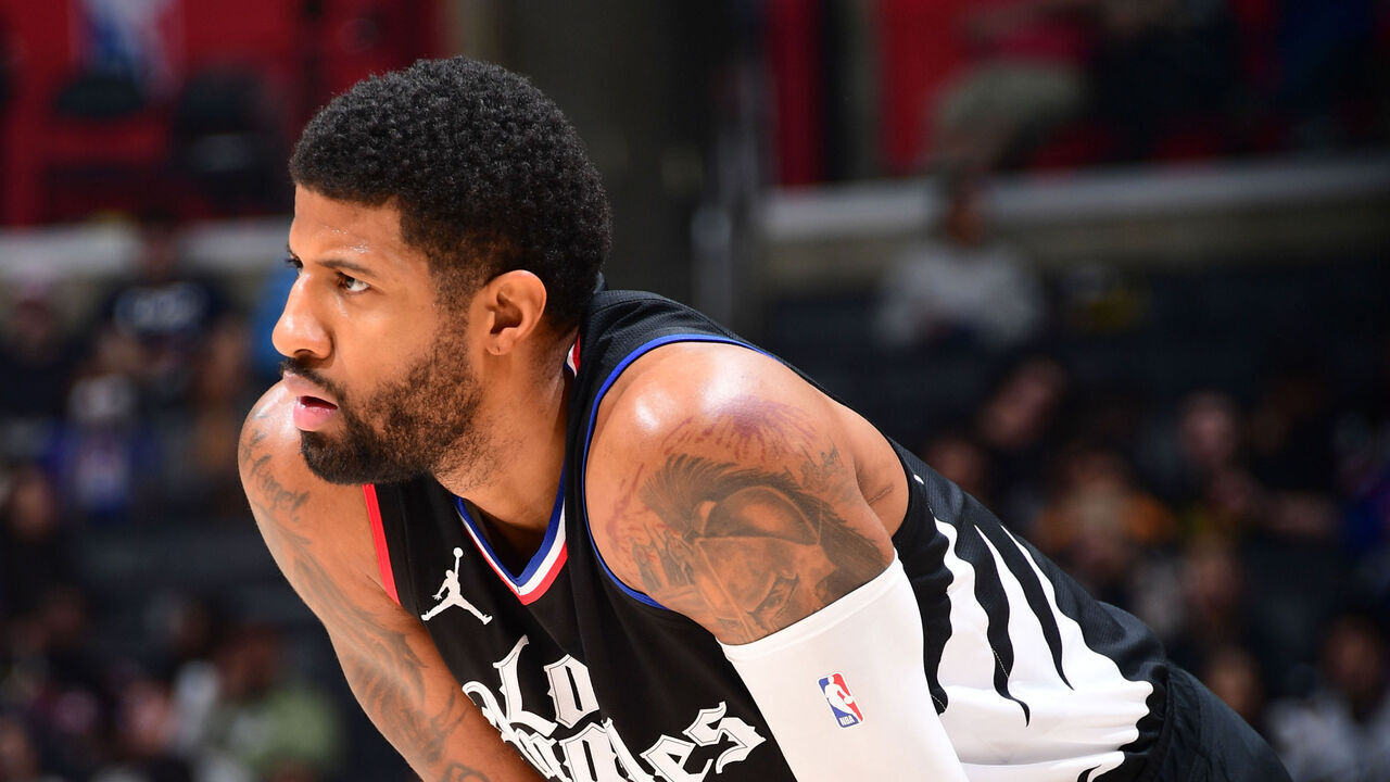 LOS ANGELES, CA - FEBRUARY 10: Paul George #13 of the LA Clippers looks on during the game on February 10, 2024 at Crypto.Com Arena in Los Angeles, California. NOTE TO USER: User expressly acknowledges and agrees that, by downloading and/or using this Photograph, user is consenting to the terms and conditions of the Getty Images License Agreement. Mandatory Copyright Notice: Copyright 2024 NBAE