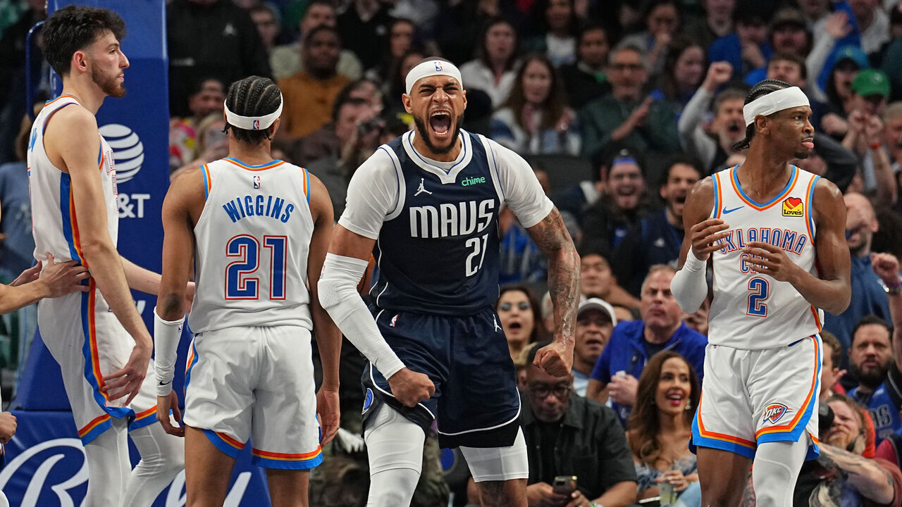 DALLAS, TX - FEBRUARY 10: Daniel Gafford #21 of the Dallas Mavericks celebrates during the game against the Oklahoma City Thunder on February 10, 2024 at the American Airlines Center in Dallas, Texas. Mandatory Copyright Notice: Copyright 2024 NBAE