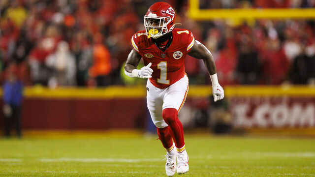 KANSAS CITY, MISSOURI - NOVEMBER 20: Jerick McKinnon #1 of the Kansas City Chiefs runs a route during an NFL football game against the Philadelphia Eagles at GEHA Field at Arrowhead Stadium on November 20, 2023 in Kansas City, Missouri.