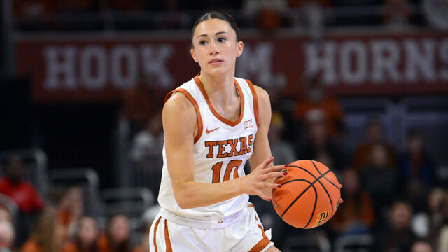 AUSTIN, TX - DECEMBER 30: Texas Longhorns guar Shay Holle drives down court during game featuring the Baylor Bears and Texas Longhorns on December 30, 2023, at the Moody Center in Austin, TX.