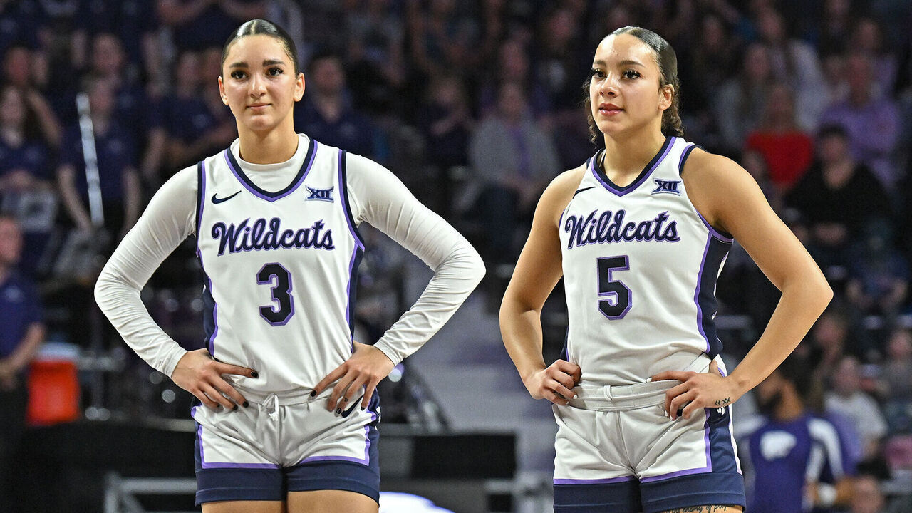 MANHATTAN, KS - JANUARY 27: Jaelyn Glenn #3 and Brylee Glenn #5 of the Kansas State Wildcats look on during a stop in play in the second half of a game against the BYU Cougars at Bramlage Coliseum on January 27, 2024 in Manhattan, Kansas.