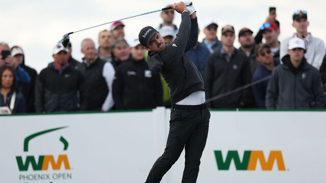 SCOTTSDALE, ARIZONA - FEBRUARY 09: Nick Taylor of Canada plays his shot from the 15th tee during the second round of the WM Phoenix Open at TPC Scottsdale on February 09, 2024 in Scottsdale, Arizona.