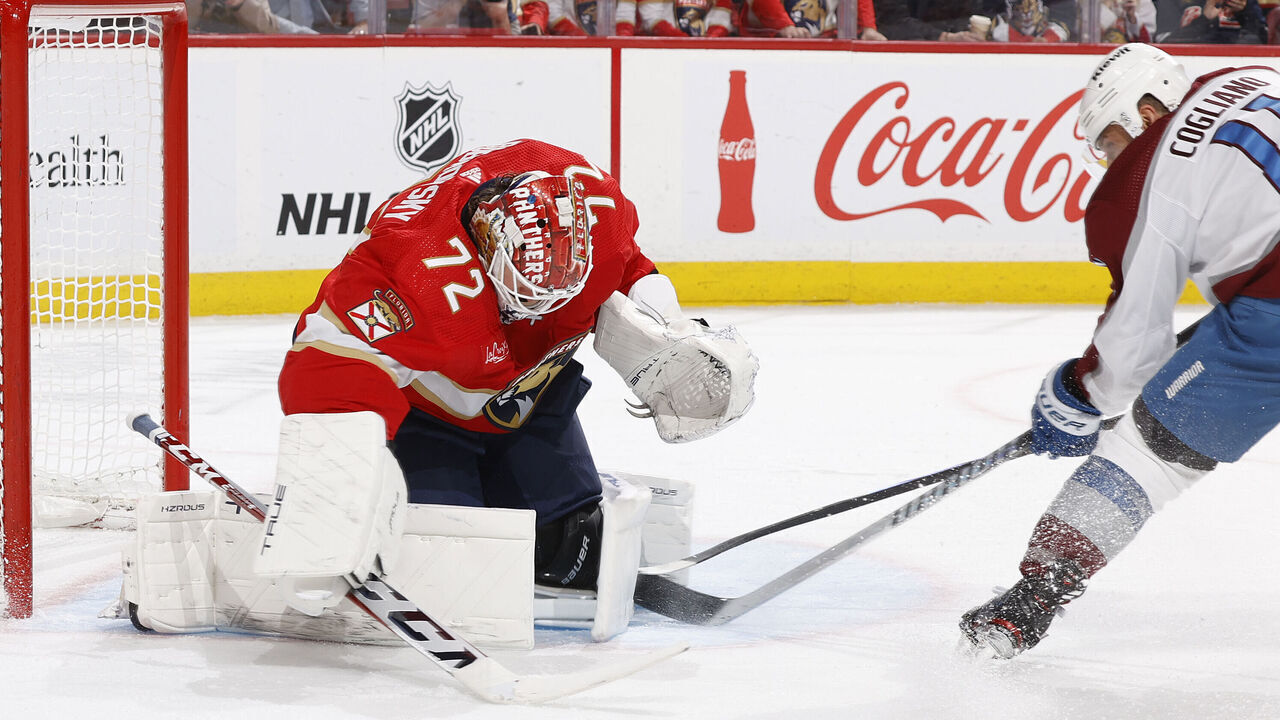 SUNRISE, FL - FEBRUARY 10: Goaltender Sergei Bobrovsky #72 of the Florida Panthers defends the nets against a shot by Andrew Cogliano #11 of the Colorado Avalanche during second period action at the Amerant Bank Arena on February 10, 2024 in Sunrise, Florida.