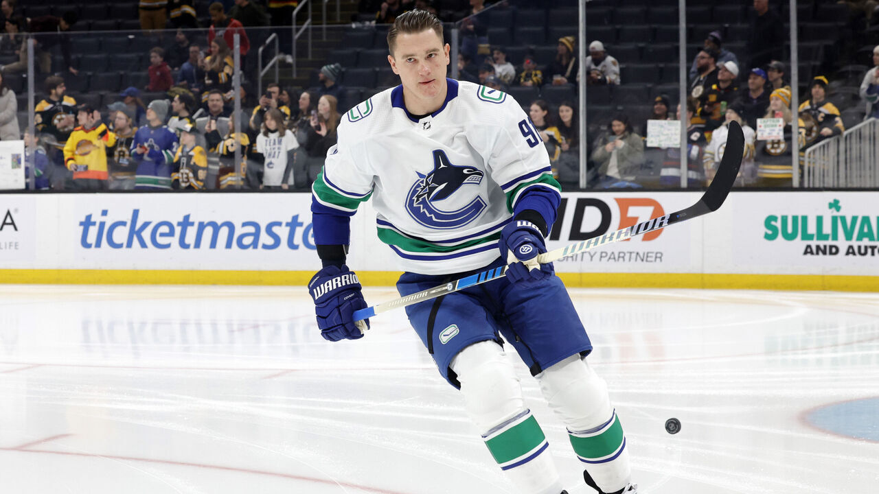 BOSTON, MA - FEBRUARY 08: Vancouver Canucks defenseman Nikita Zadorov (91) during warm up before a game between the Boston Bruins and the Vancouver Canucks on February 8, 2024, at TD Garden in Boston, Massachusetts.