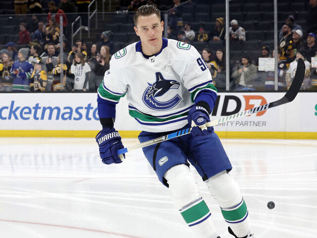BOSTON, MA - FEBRUARY 08: Vancouver Canucks defenseman Nikita Zadorov (91) during warm up before a game between the Boston Bruins and the Vancouver Canucks on February 8, 2024, at TD Garden in Boston, Massachusetts.