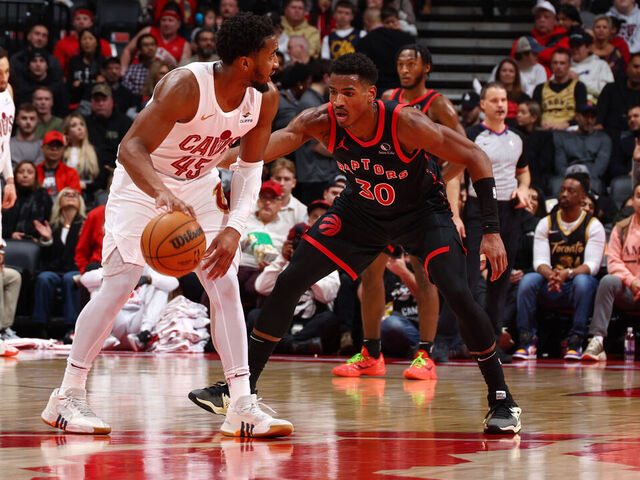 TORONTO, CANADA - FEBRUARY 10: Ochai Agbaji #30 of the Toronto Raptors plays defense against the Cleveland Cavaliers on February 10, 2024 at the Scotiabank Arena in Toronto, Ontario, Canada. Mandatory Copyright Notice: Copyright 2024 NBAE