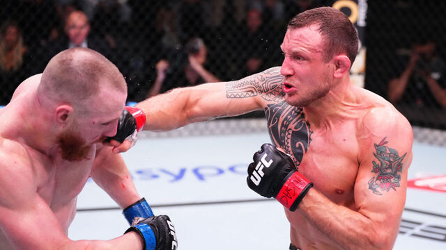 LAS VEGAS, NEVADA - FEBRUARY 10: (R-L) Jack Hermansson of Sweden punches Joe Pyfer in a middleweight fight during the UFC Fight Night event at UFC APEX on February 10, 2024 in Las Vegas, Nevada.
