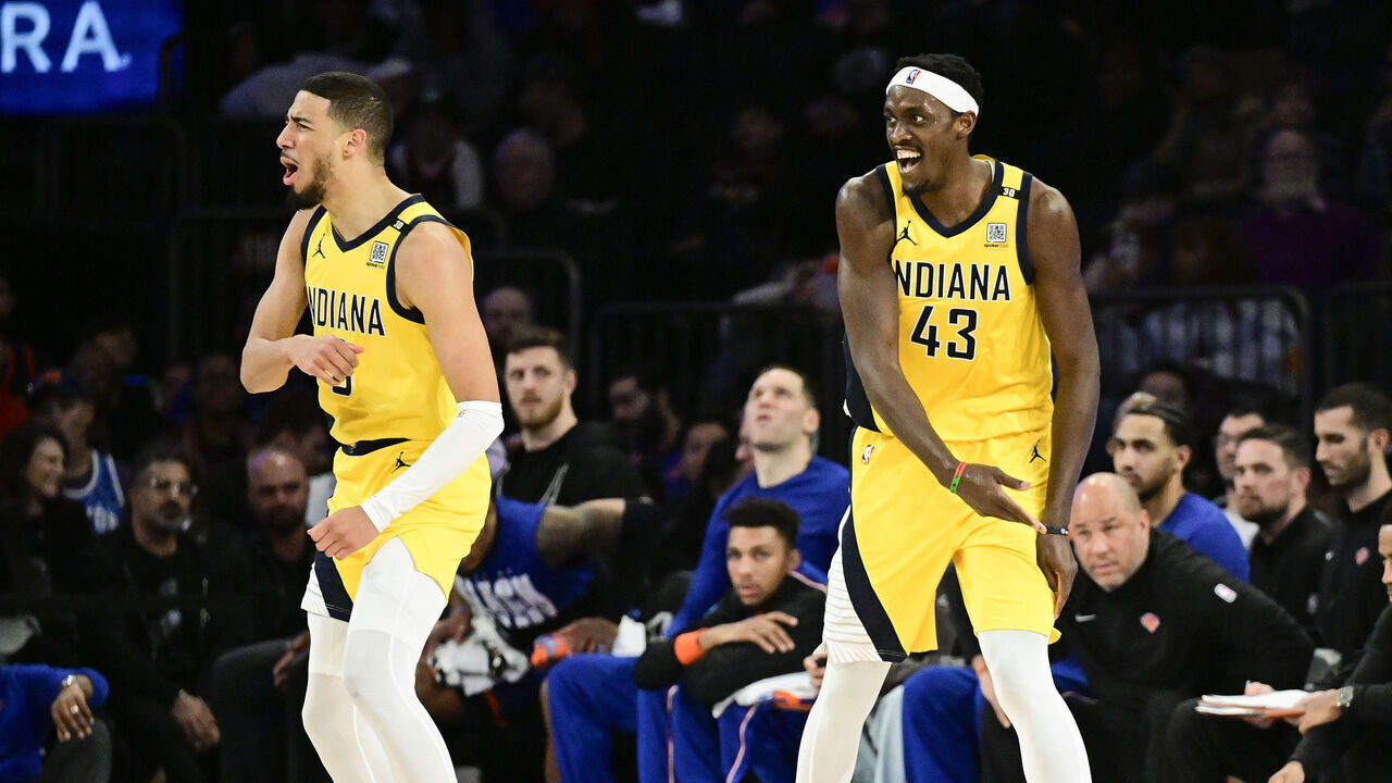 NEW YORK, NEW YORK - FEBRUARY 10: Tyrese Haliburton #0 and Pascal Siakam #43 of the Indiana Pacers celebrate a basket against the New York Knicks during the second half at Madison Square Garden on February 10, 2024 in New York City.