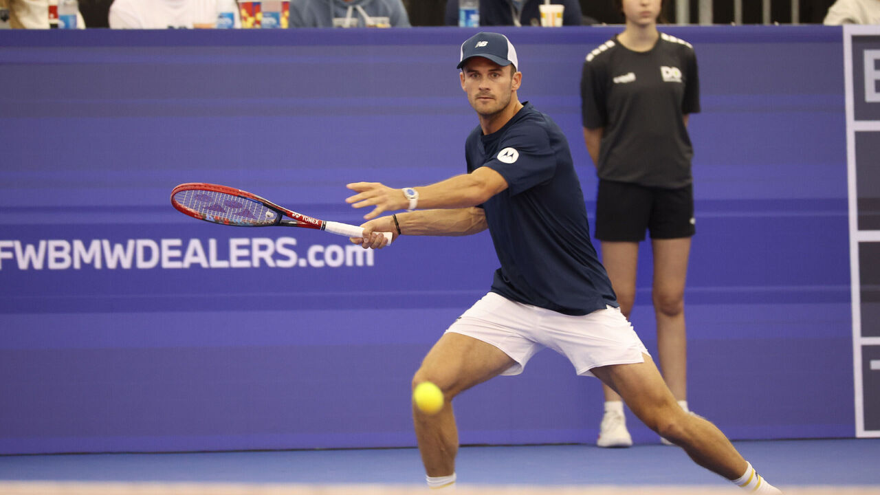 DALLAS, TX - FEBRUARY 10: Tommy Paul (USA) hits a forehand during the Dallas Open on February 10, 2024 at Styslinger/Altec Tennis Complex in Dallas, TX.