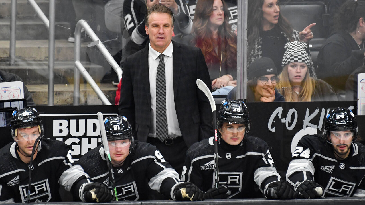 LOS ANGELES, CA - FEBRUARY 10: Los Angeles Kings Jim Hiller looks on from the bench during the second period against the Edmonton Oilers at Crypto.com Arena on February 10, 2024 in Los Angeles, California.