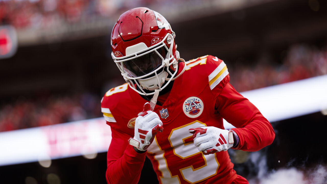 KANSAS CITY, MISSOURI - DECEMBER 10: Kadarius Toney #19 of the Kansas City Chiefs celebrates as he runs onto the field during player introductions before an NFL football game against the Buffalo Bills at GEHA Field at Arrowhead Stadium on December 10, 2023 in Kansas City, Missouri.