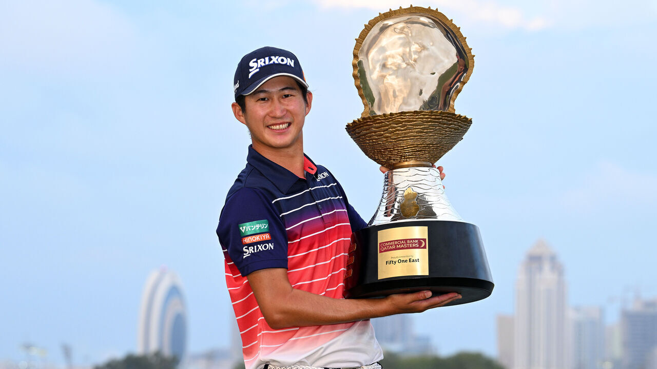 DOHA, QATAR - FEBRUARY 11: Rikuya Hoshino of Japan celebrates victory with the trophy during day four of the Commercial Bank Qatar Masters at Doha Golf Club on February 11, 2024 in Doha, Qatar.
