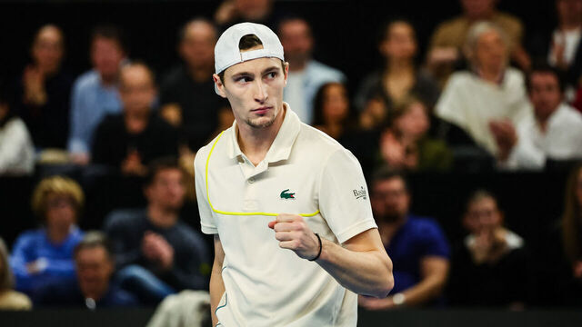 France's Ugo Humbert reatcs after a point against Bulgaria's Grigor Dimitrov during their ATP Open 13 final tennis match on February 11, 2024 in Marseille, southern France.