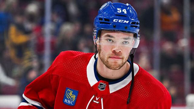 MONTREAL, QC - JANUARY 11: Look on Montreal Canadiens defenseman Jordan Harris (54) during warm-up before the San Jose Sharks versus the Montreal Canadiens game on January 11, 2024, at Bell Centre in Montreal, QC