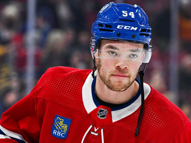 MONTREAL, QC - JANUARY 11: Look on Montreal Canadiens defenseman Jordan Harris (54) during warm-up before the San Jose Sharks versus the Montreal Canadiens game on January 11, 2024, at Bell Centre in Montreal, QC