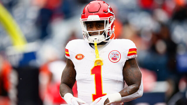 DENVER, CO - OCTOBER 29: Running back Jerick McKinnon #1 of the Kansas City Chiefs stands on the field while warming up against the Denver Broncos at Empower Field at Mile High on October 29, 2023 in Denver, Colorado.