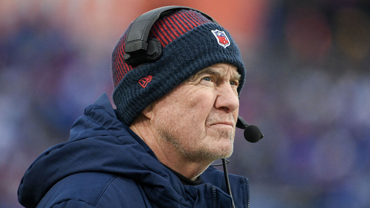 ORCHARD PARK, NEW YORK - DECEMBER 31: Head coach Bill Belichick of the New England Patriots looks on during the first half of a game against the Buffalo Bills at Highmark Stadium on December 31, 2023 in Orchard Park, New York.