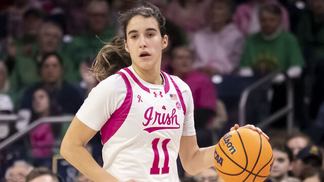 SOUTH BEND, IN - FEBRUARY 04: Notre Dame Fighting Irish guard Sonia Citron (11) dribbles the ball down court during a college basketball game between the Pittsburgh Panthers and the Notre Dame Fighting Irish on February 4, 2024 at Purcell Pavilion in South Bend, Indiana.