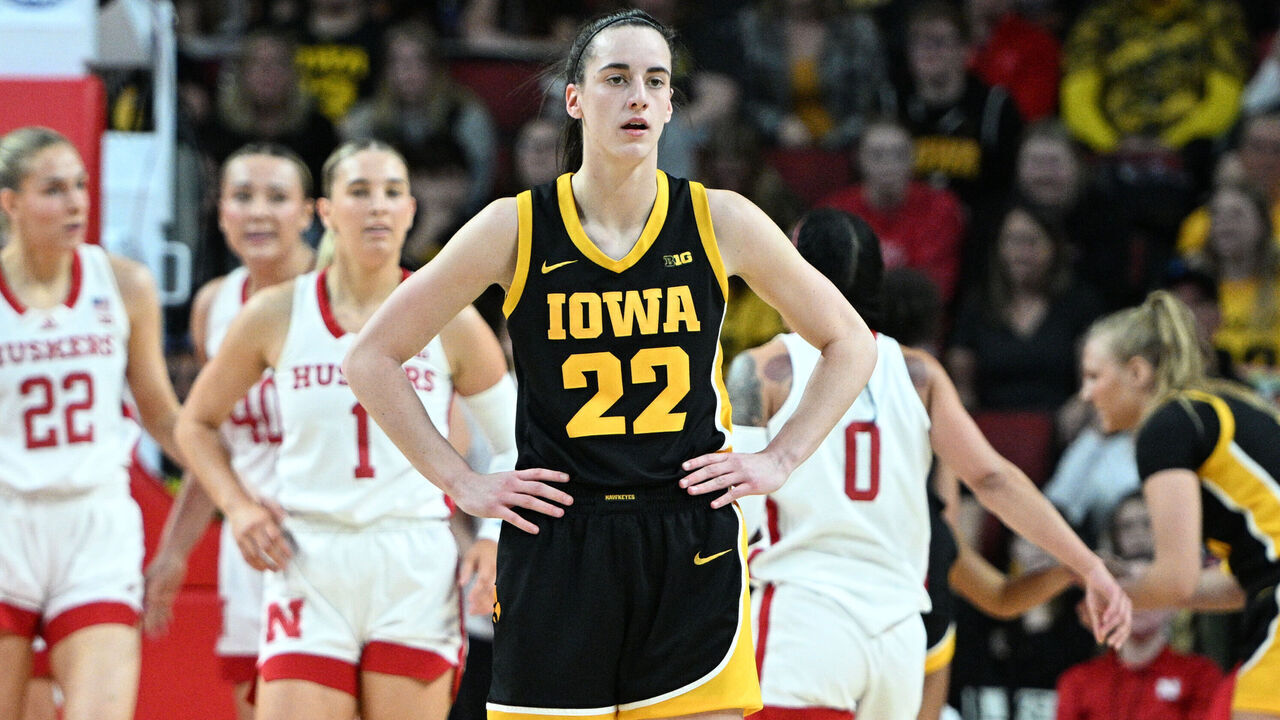 LINCOLN, NEBRASKA - FEBRUARY 11: Caitlin Clark #22 of the Iowa Hawkeyes looks to the bench after a play against the Nebraska Cornhuskers in the first half at Pinnacle Bank Arena on February 11, 2024 in Lincoln, Nebraska.