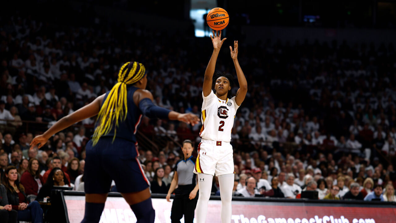 COLUMBIA, SOUTH CAROLINA - FEBRUARY 11: Ashlyn Watkins #2 of the South Carolina Gamecocks puts up a shot during the first half of the game against the UConn Huskies at Colonial Life Arena on February 11, 2024 in Columbia, South Carolina.