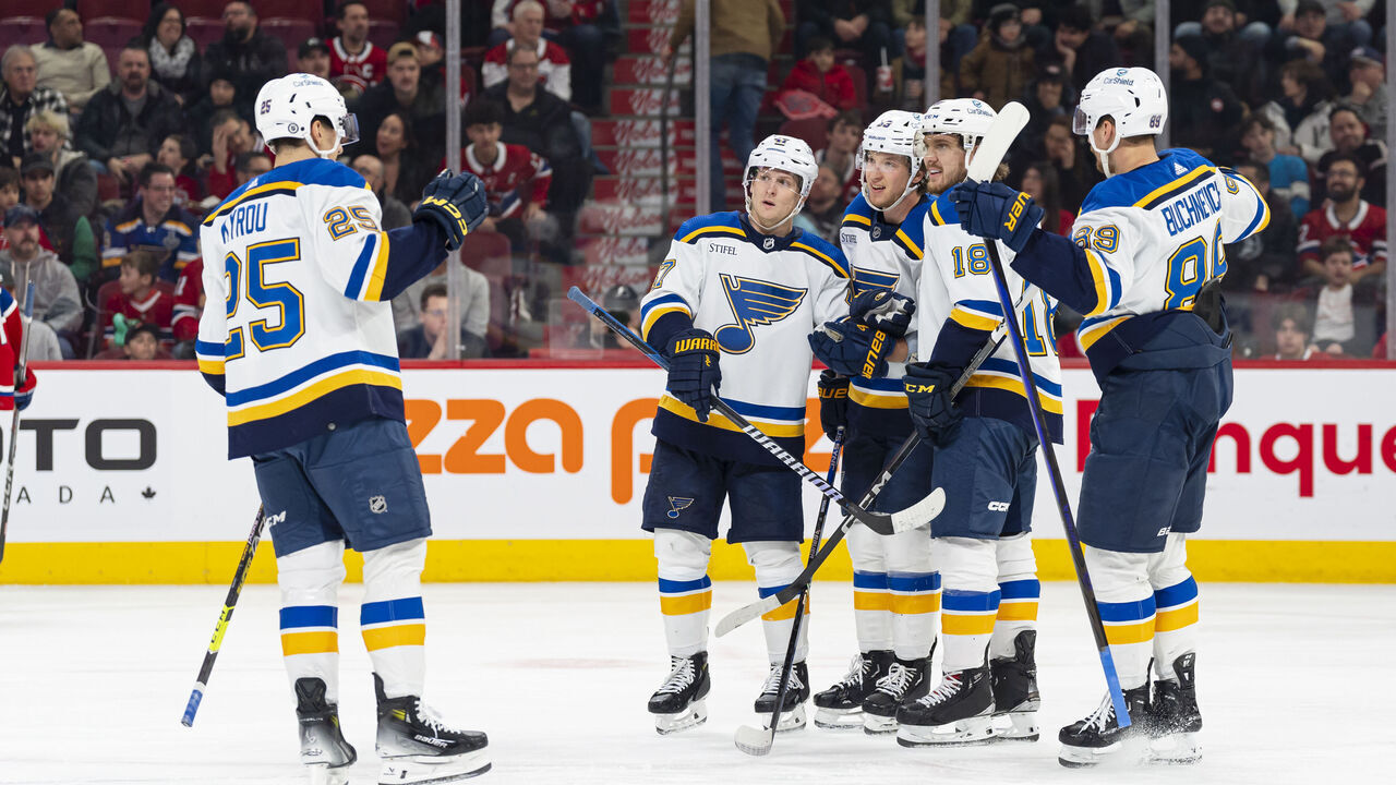 MONTREAL, CANADA - FEBRUARY 11: The St. Louis Blues celebrate after scoring a goal during the third period of the NHL regular season game between the Montreal Canadiens and the St. Louis Blues at the Bell Centre on February 11, 2024 in Montreal, Quebec, Canada.