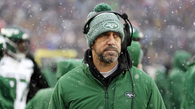 FOXBOROUGH, MA - JANUARY 07: New York Jets quarterback Aaron Rodgers during a game between the New England Patriots and the New York Jets on January 7, 2024, at Gillette Stadium in Foxborough, Massachusetts.