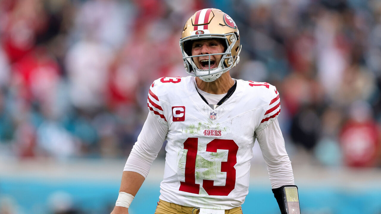 JACKSONVILLE, FLORIDA - NOVEMBER 12: Brock Purdy #13 of the San Francisco 49ers reacts after a touchdown pass during the third quarter against the Jacksonville Jaguars at EverBank Stadium on November 12, 2023 in Jacksonville, Florida.