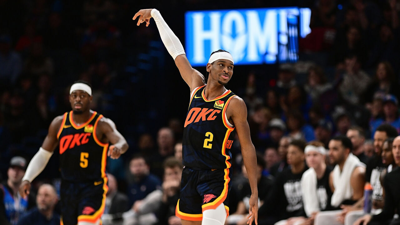 OKLAHOMA CITY, OKLAHOMA - FEBRUARY 11: Shai Gilgeous-Alexander #2 of the Oklahoma City Thunder gestures after a made basket during the second half against the Sacramento Kings at Paycom Center on February 11, 2024 in Oklahoma City, Oklahoma.