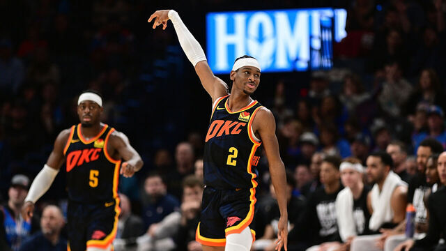OKLAHOMA CITY, OKLAHOMA - FEBRUARY 11: Shai Gilgeous-Alexander #2 of the Oklahoma City Thunder gestures after a made basket during the second half against the Sacramento Kings at Paycom Center on February 11, 2024 in Oklahoma City, Oklahoma.