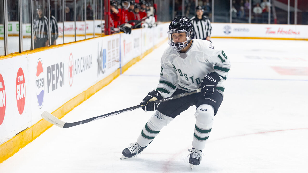 OTTAWA, ON - JANUARY 24: Boston Defender Sophie Jaques (18) skates to play the puck along the boards during first period Professional Women's Hockey League (PWHL) action between Boston and Ottawa on January 24, 2024, at TD Place Arena in Ottawa, ON, Canada.