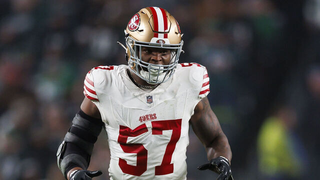 PHILADELPHIA, PENNSYLVANIA - DECEMBER 03: Dre Greenlaw #57 of the San Francisco 49ers defends in coverage during an NFL football game against the Philadelphia Eagles at Lincoln Financial Field on December 3, 2023 in Philadelphia, Pennsylvania.