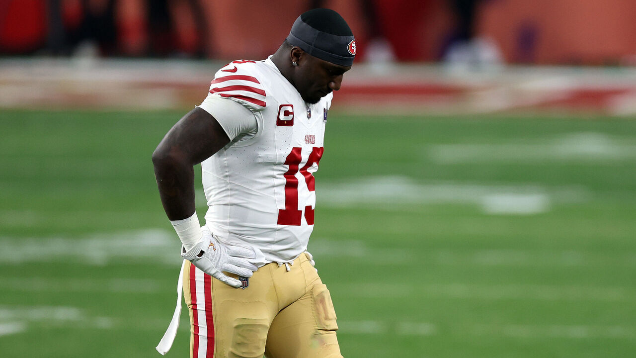 LAS VEGAS, NEVADA - FEBRUARY 11: Deebo Samuel #19 of the San Francisco 49ers walks off the field during the third quarter \a during Super Bowl LVIII at Allegiant Stadium on February 11, 2024 in Las Vegas, Nevada.
