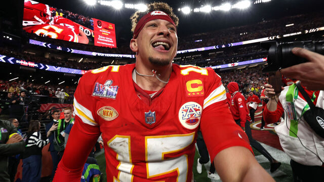 LAS VEGAS, NEVADA - FEBRUARY 11: Patrick Mahomes #15 of the Kansas City Chiefs celebrates after defeating the San Francisco 49ers 25-22 \d during Super Bowl LVIII at Allegiant Stadium on February 11, 2024 in Las Vegas, Nevada.