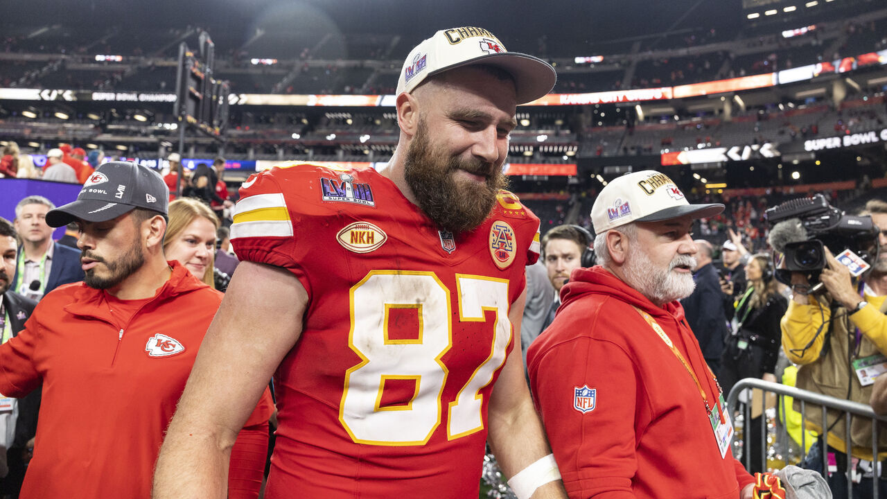 LAS VEGAS, NEVADA - FEBRUARY 11: Travis Kelce #87 of the Kansas City Chiefs celebrates following the NFL Super Bowl 58 football game between the San Francisco 49ers and the Kansas City Chiefs at Allegiant Stadium on February 11, 2024 in Las Vegas, Nevada.