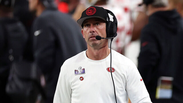 LAS VEGAS, NEVADA - FEBRUARY 11: Head coach Kyle Shanahan of the San Francisco 49ers looks on in the first half against the Kansas City Chiefs during Super Bowl LVIII at Allegiant Stadium on February 11, 2024 in Las Vegas, Nevada.