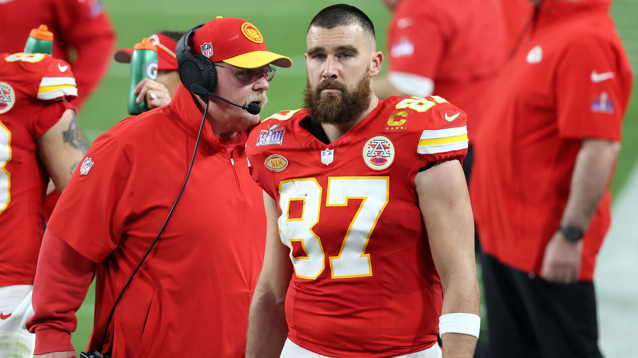 LAS VEGAS, NEVADA - FEBRUARY 11: Travis Kelce #87 and Head coach Andy Reid of the Kansas City Chiefs look on in the second quarter against the San Francisco 49ers during Super Bowl LVIII at Allegiant Stadium on February 11, 2024 in Las Vegas, Nevada.