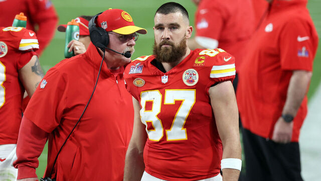 LAS VEGAS, NEVADA - FEBRUARY 11: Travis Kelce #87 and Head coach Andy Reid of the Kansas City Chiefs look on in the second quarter against the San Francisco 49ers during Super Bowl LVIII at Allegiant Stadium on February 11, 2024 in Las Vegas, Nevada.