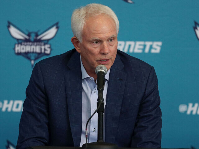 CHARLOTTE, NC - JUNE 23: General Manager Mitch Kupchak of the Charlotte Hornets talks to the press on June 23, 2023 at Spectrum Center in Charlotte, North Carolina. Mandatory Copyright Notice: Copyright 2023 NBAE