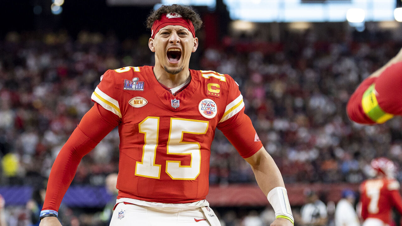 LAS VEGAS, NEVADA - FEBRUARY 11: Patrick Mahomes #15 of the Kansas City Chiefs celebrates prior to the NFL Super Bowl 58 football game between the San Francisco 49ers and the Kansas City Chiefs at Allegiant Stadium on February 11, 2024 in Las Vegas, Nevada.