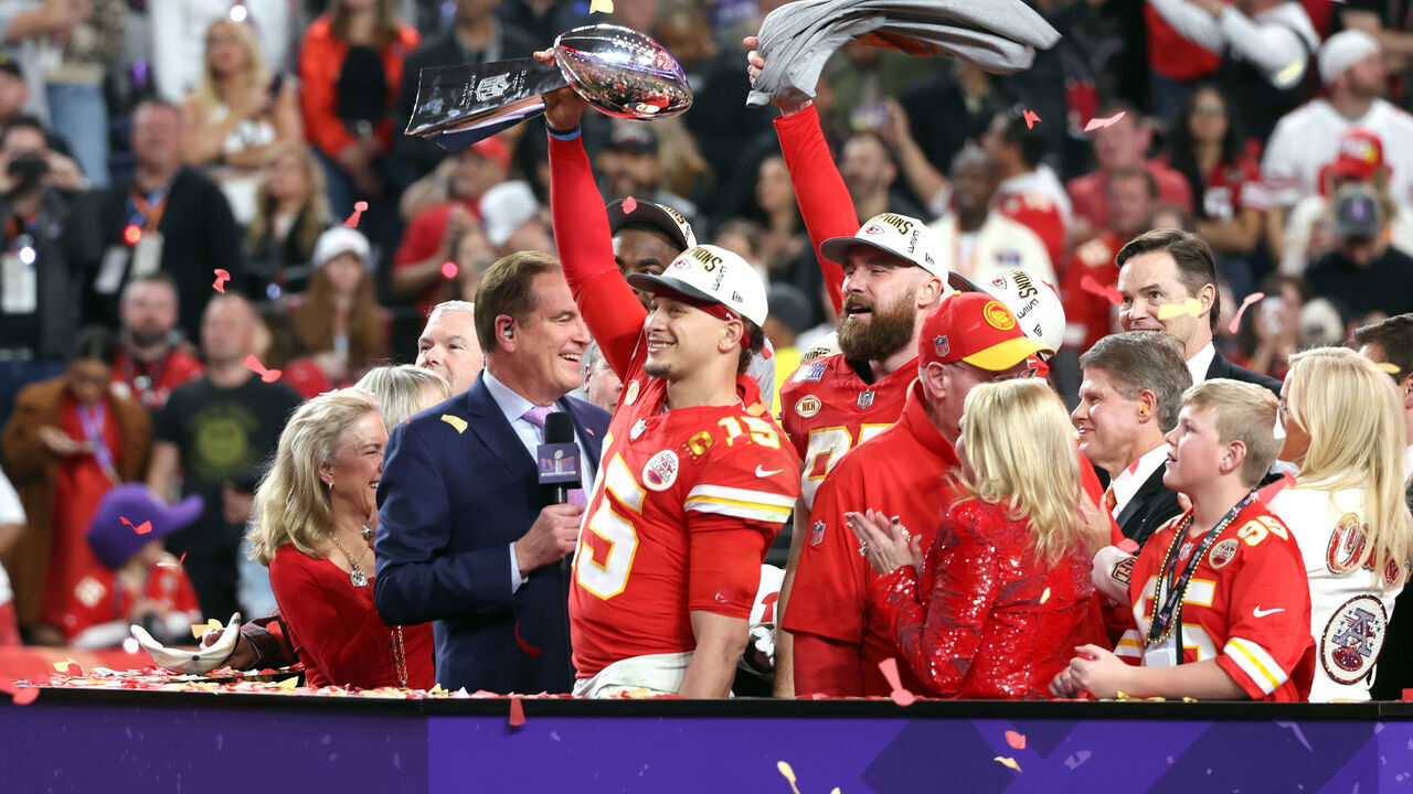 LAS VEGAS, NEVADA - FEBRUARY 11: (L-R) Patrick Mahomes and Travis Kelce after defeating the San Francisco 49ers at the Super Bowl LVIII Pregame at Allegiant Stadium on February 11, 2024 in Las Vegas, Nevada.