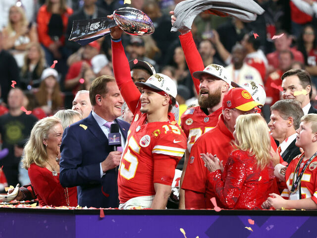 LAS VEGAS, NEVADA - FEBRUARY 11: (L-R) Patrick Mahomes and Travis Kelce after defeating the San Francisco 49ers at the Super Bowl LVIII Pregame at Allegiant Stadium on February 11, 2024 in Las Vegas, Nevada.