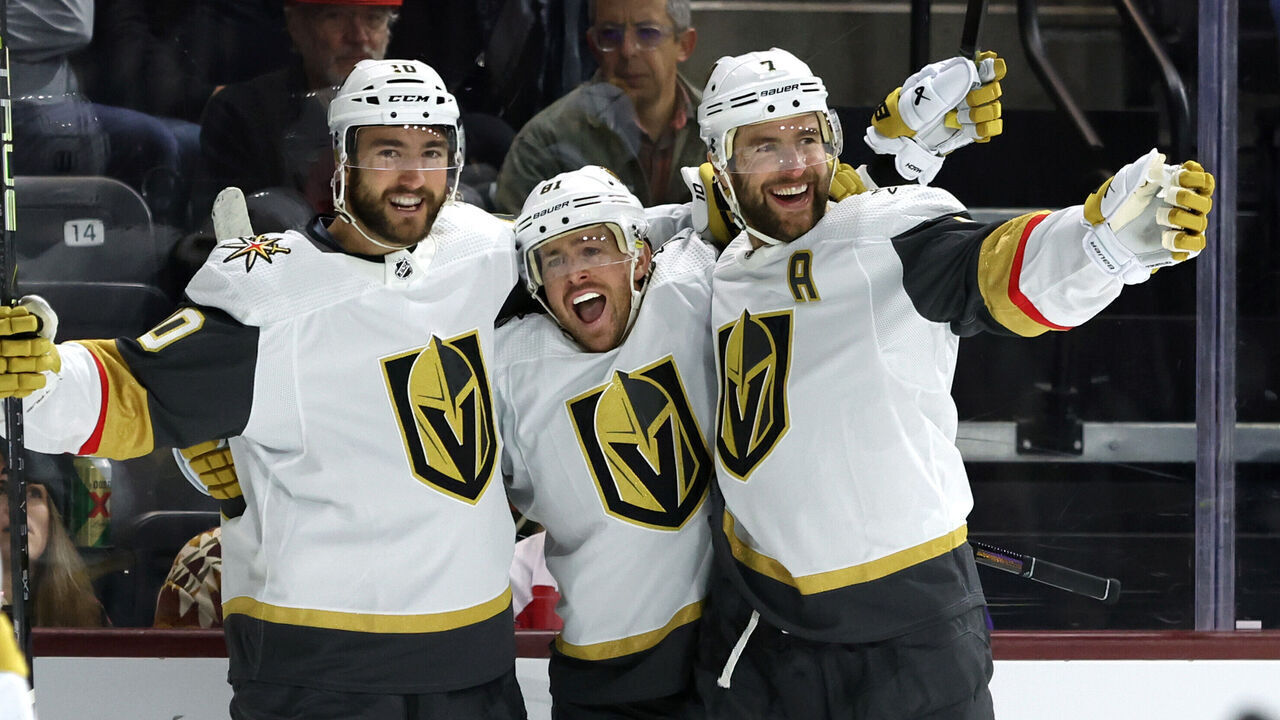 TEMPE, ARIZONA - FEBRUARY 08: Jonathan Marchessault #81 of the Vegas Golden Knights celebrates with Nicolas Roy #10, and Alex Pietrangelo #7 after he scored a goal against the Arizona Coyotes during the first period at Mullett Arena on February 08, 2024 in Tempe, Arizona.