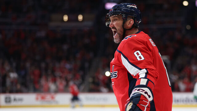 WASHINGTON, DC - FEBRUARY 11: Alex Ovechkin #8 of the Washington Capitals celebrates after scoring a goal against the Vancouver Canucks during the second period at Capital One Arena on February 11, 2024 in Washington, DC.