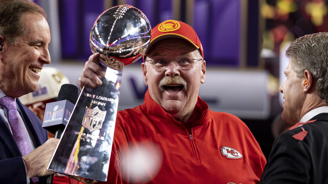 LAS VEGAS, NEVADA - FEBRUARY 11: Head coach Andy Reid of the Kansas City Chiefs celebrates with the Vince Lombardi Trophy following the NFL Super Bowl 58 football game between the San Francisco 49ers and the Kansas City Chiefs at Allegiant Stadium on February 11, 2024 in Las Vegas, Nevada.