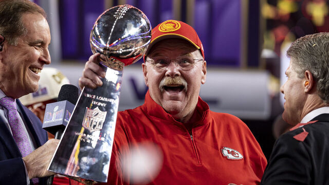 LAS VEGAS, NEVADA - FEBRUARY 11: Head coach Andy Reid of the Kansas City Chiefs celebrates with the Vince Lombardi Trophy following the NFL Super Bowl 58 football game between the San Francisco 49ers and the Kansas City Chiefs at Allegiant Stadium on February 11, 2024 in Las Vegas, Nevada.