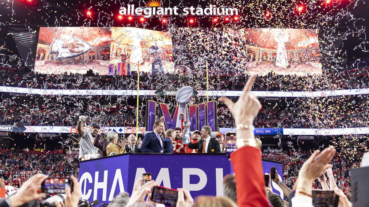 LAS VEGAS, NEVADA - FEBRUARY 11: A general wide view during the Trophy ceremony following the NFL Super Bowl 58 football game between the San Francisco 49ers and the Kansas City Chiefs at Allegiant Stadium on February 11, 2024 in Las Vegas, Nevada.